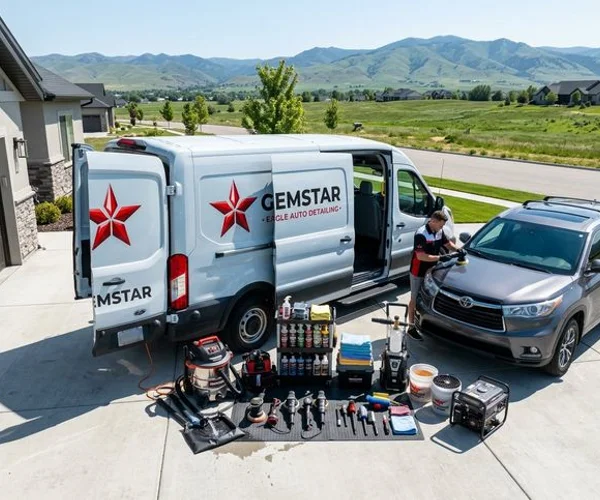 Gemstar Eagle mobile detailing van fully set up in a residential driveway with water, power, and professional detailing equipment