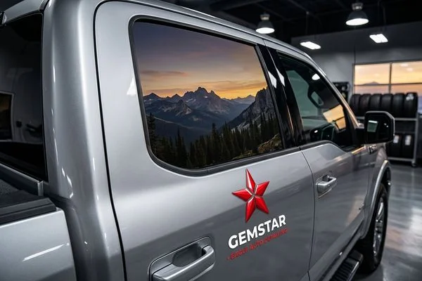 Close-up of professionally tinted windows on a silver truck reflecting Idaho mountain scenery