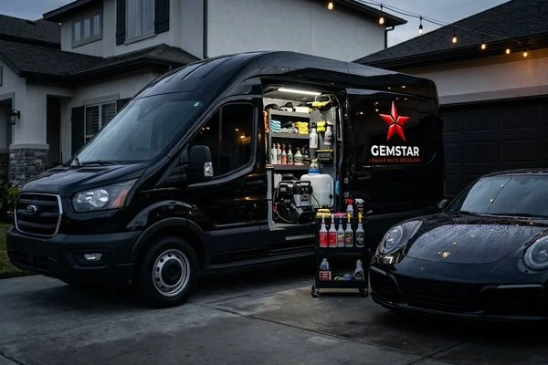 Gemstar Eagle mobile detailing unit fully set up in a residential driveway with all professional equipment