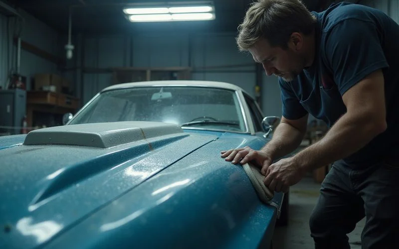 Boat gel coat being machine polished for oxidation removal