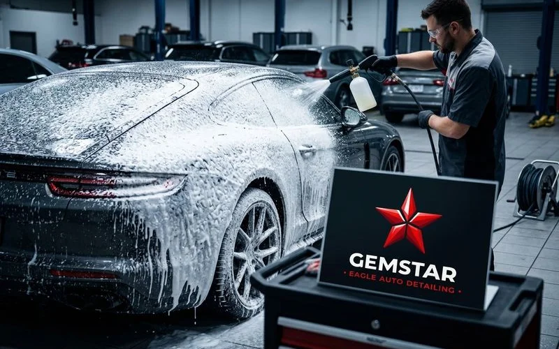 Foam cannon pre-wash being applied to vehicle exterior
