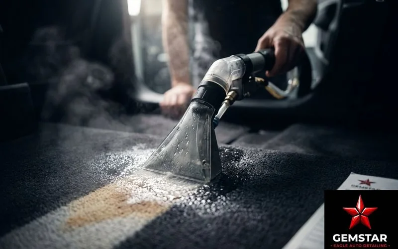 Hot water extraction equipment treating car seat stain