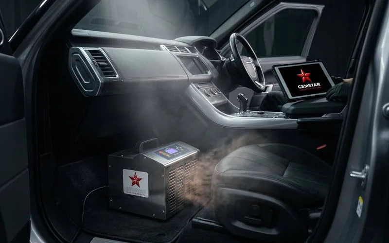 Ozone generator running inside vehicle cabin for odor treatment