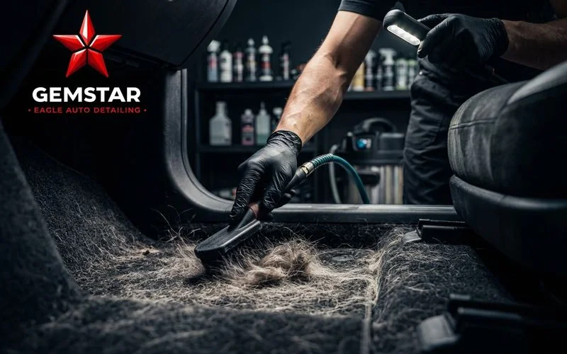 Specialized tools being used to extract pet hair from upholstery