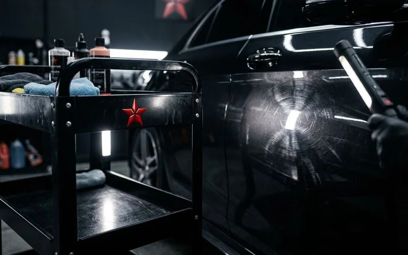 Swirl marks visible under inspection lighting before correction