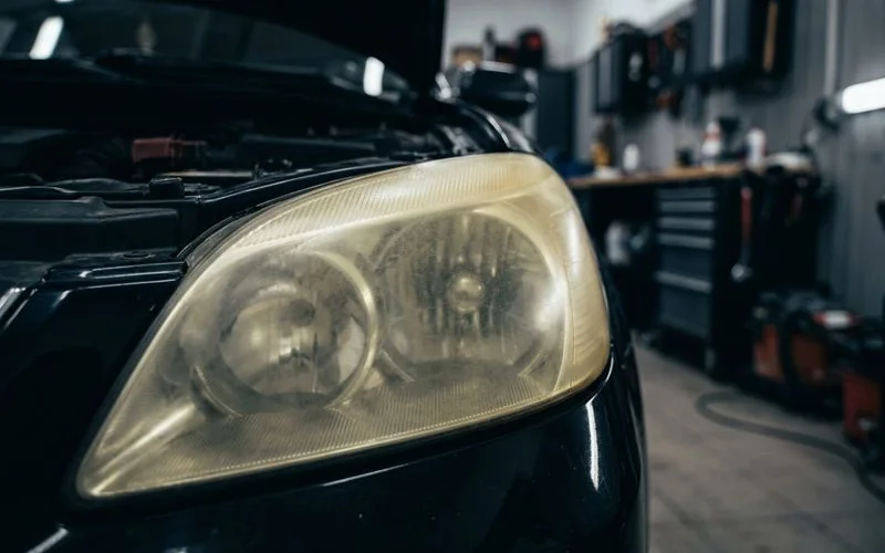 Yellowed, oxidized headlight lens before restoration