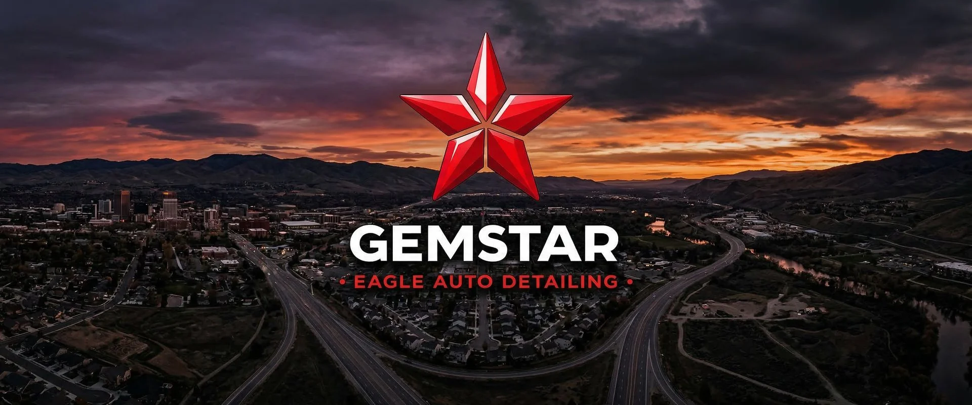 Aerial view of the Treasure Valley, Idaho showing Eagle, Boise, and surrounding communities at sunset