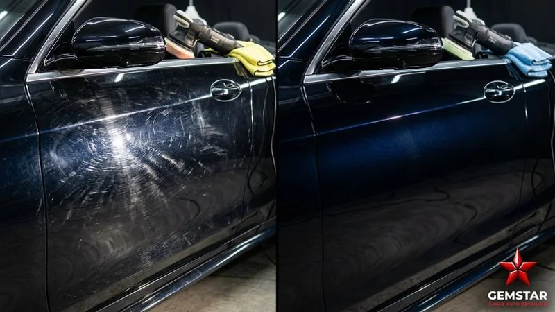 Close-up comparison of vehicle paint before and after paint correction showing removal of swirl marks and scratches