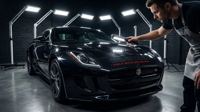 Professional detailer inspecting ceramic coating condition on a silver sedan under bright studio lights at Gemstar Eagle facility