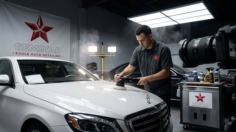 A detailing professional performing a one-step paint correction on a white sedan using a dual action polisher