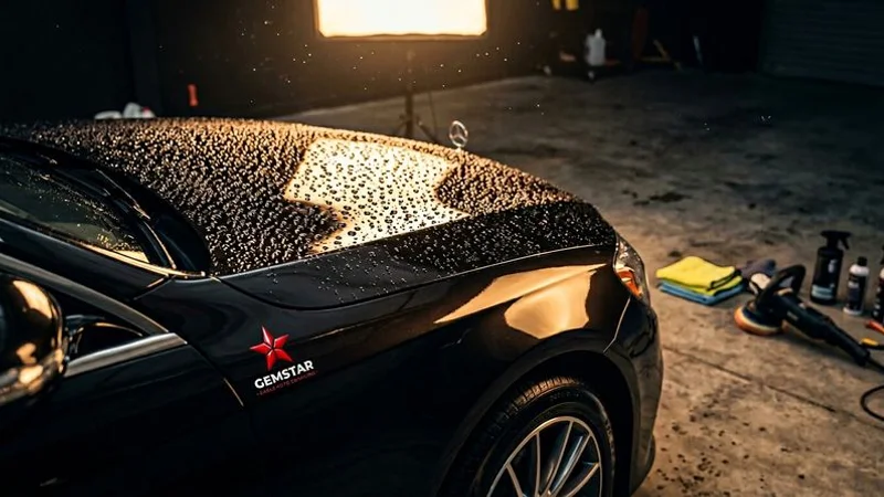A freshly waxed sedan showing warm gloss and water beading on the hood in an Eagle Idaho driveway
