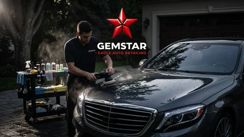 A mobile detailing professional working on a vehicle in a shaded residential driveway with equipment neatly organized nearby