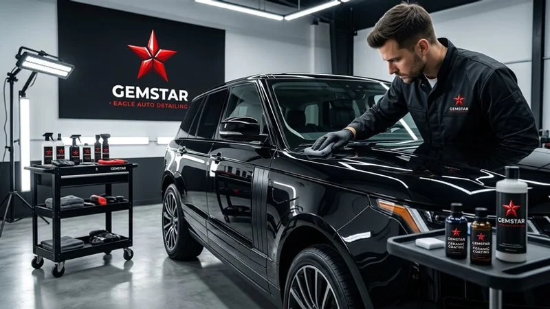 Professional detailer applying ceramic coating to a dark SUV inside the Gemstar Eagle Auto Detailing studio