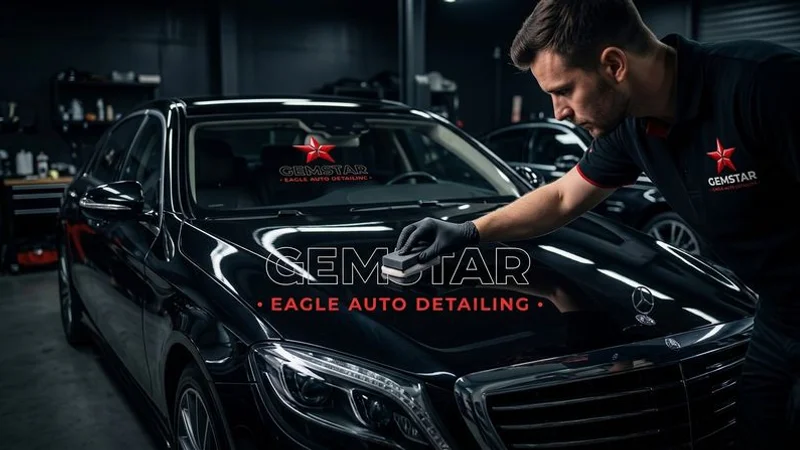 Professional detailer carefully applying premium ceramic coating to a luxury vehicle in a controlled studio environment