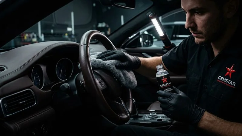 A professional detailer carefully cleaning and conditioning the leather steering wheel and dashboard of a luxury vehicle