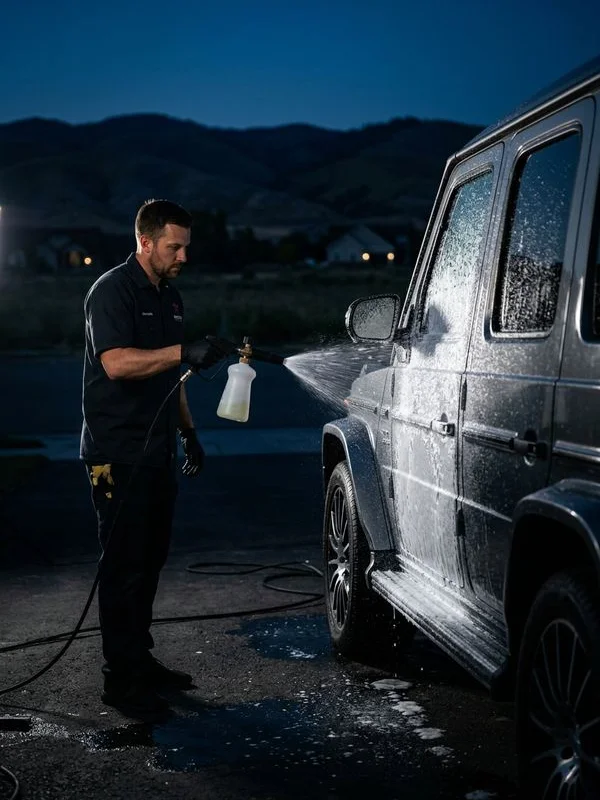 Gemstar Eagle professional detailer foam washing a luxury SUV at a client's home in Eagle, Idaho