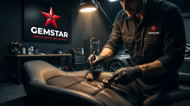 A professional detailer working on both leather and fabric surfaces inside a vehicle at the Gemstar Eagle detailing studio