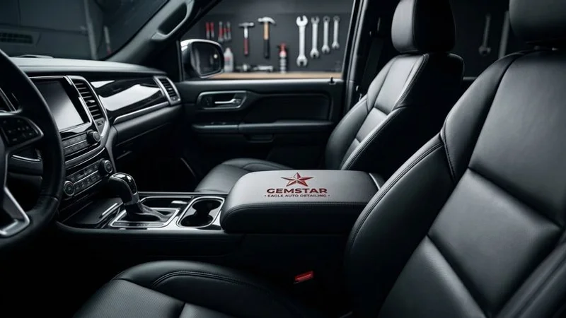 A professionally detailed vehicle interior showing pristine leather seats dashboard and clean surfaces under studio lighting