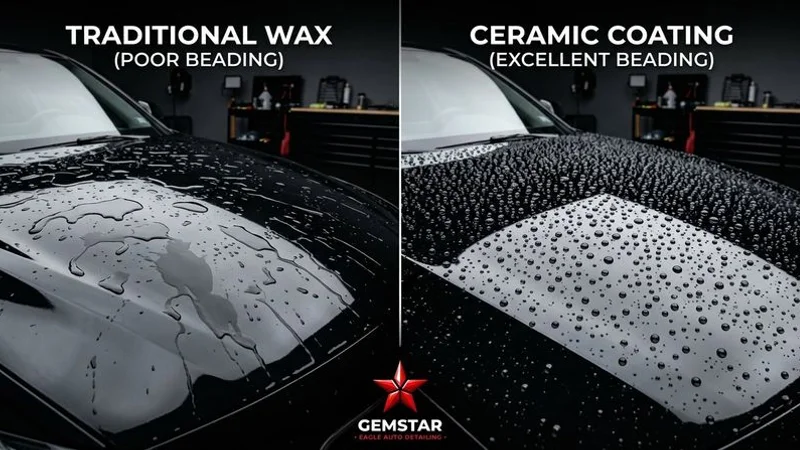 Side-by-side comparison showing water beading on ceramic coated paint versus traditional wax on a vehicle panel