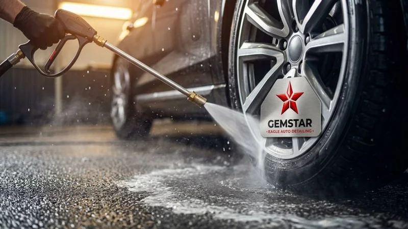 A vehicle driving on a winter road in Idaho with salt and gravel visible on the pavement and surrounding landscape