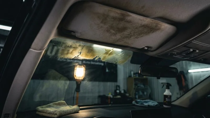 Interior view of a vehicle with visible smoke residue on the windshield and headliner showing the extent of tobacco contamination