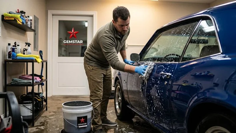 A vehicle owner carefully performing a maintenance hand wash between professional detailing appointments in their driveway