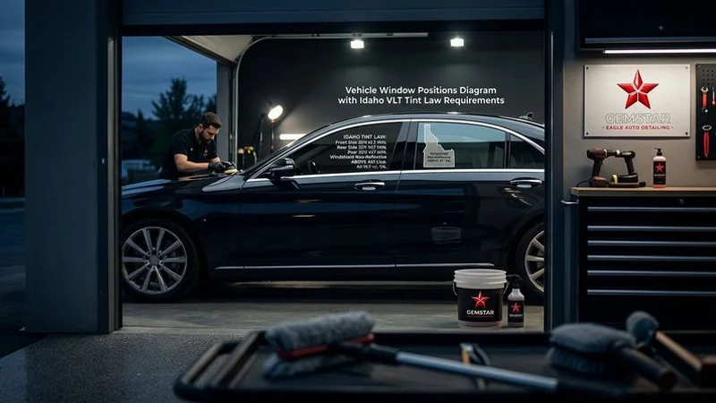 Diagram showing different window positions on a vehicle and their corresponding Idaho VLT tint law requirements