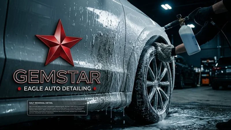 A person carefully washing road salt and winter grime from a vehicle's lower body panels and wheel wells during winter